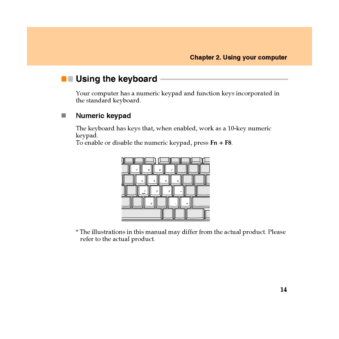 Lenovo Y450 manual Using the keyboard, „ Numeric keypad 