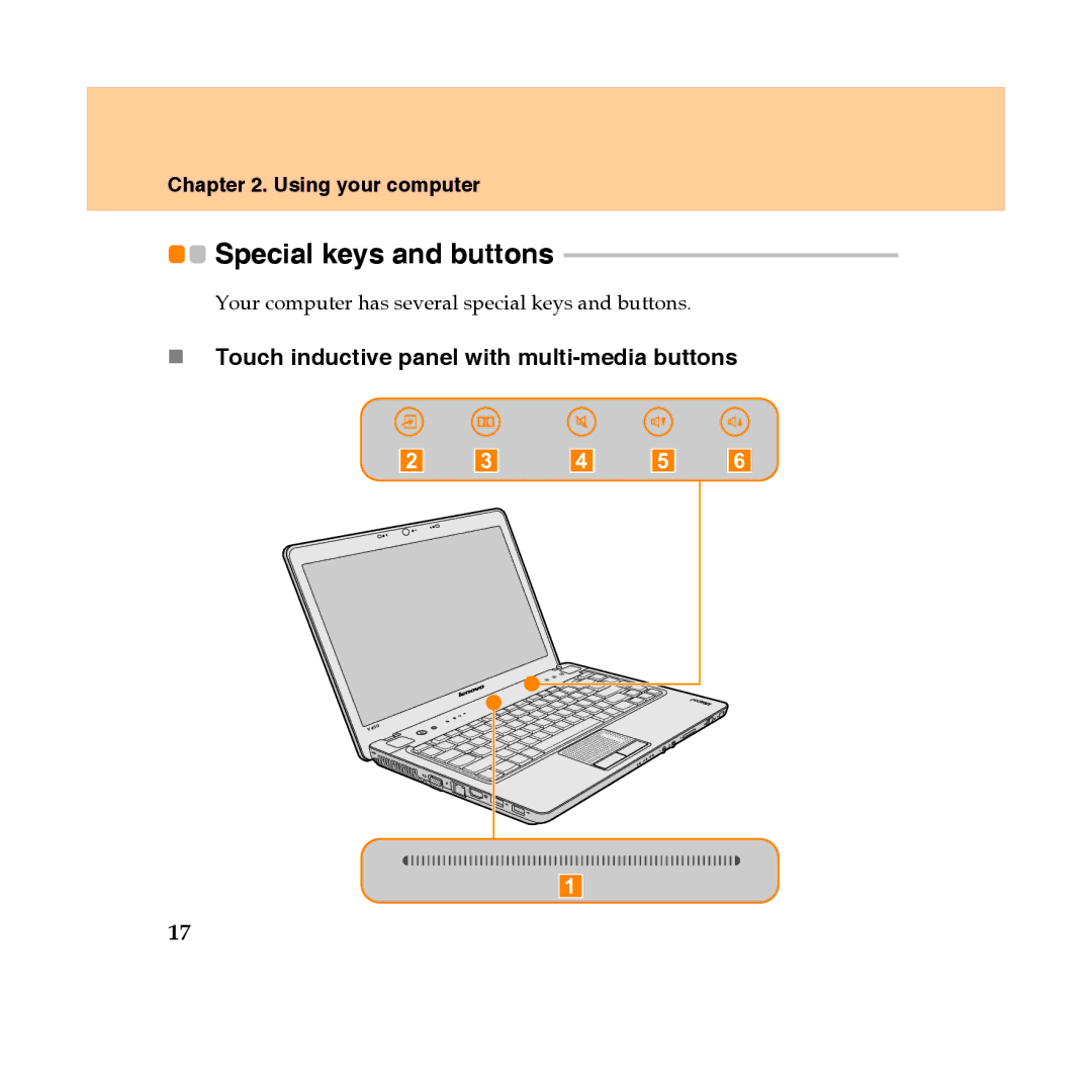 Lenovo Y450 manual Special keys and buttons, „ Touch inductive panel with multi-media buttons 