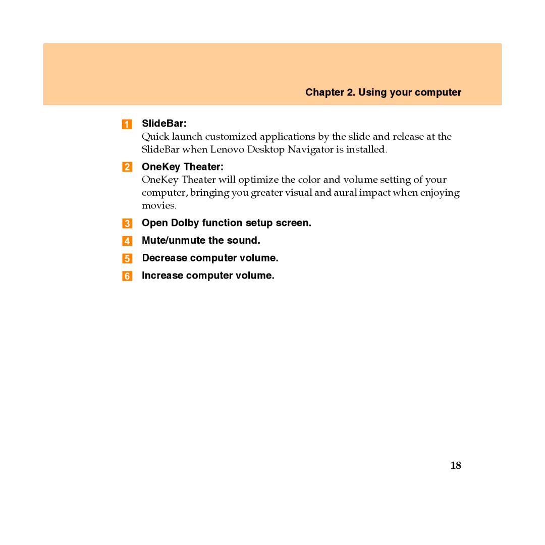 Lenovo Y450 manual Using your computer SlideBar, OneKey Theater 