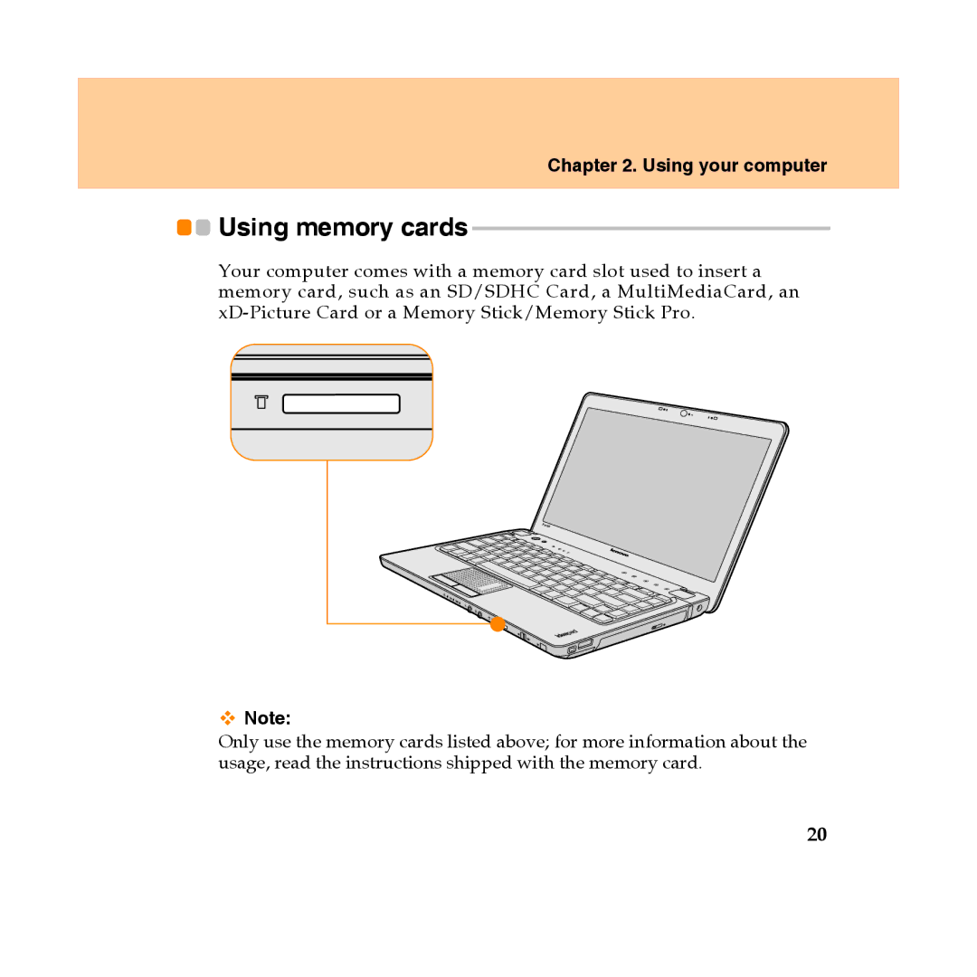 Lenovo Y450 manual Using memory cards 