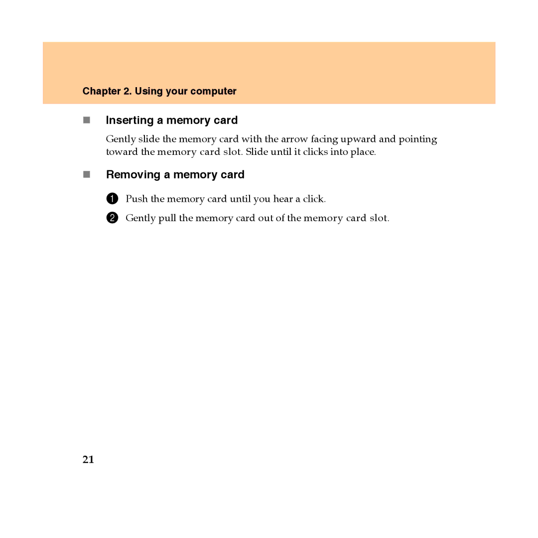 Lenovo Y450 manual „ Inserting a memory card, „ Removing a memory card 