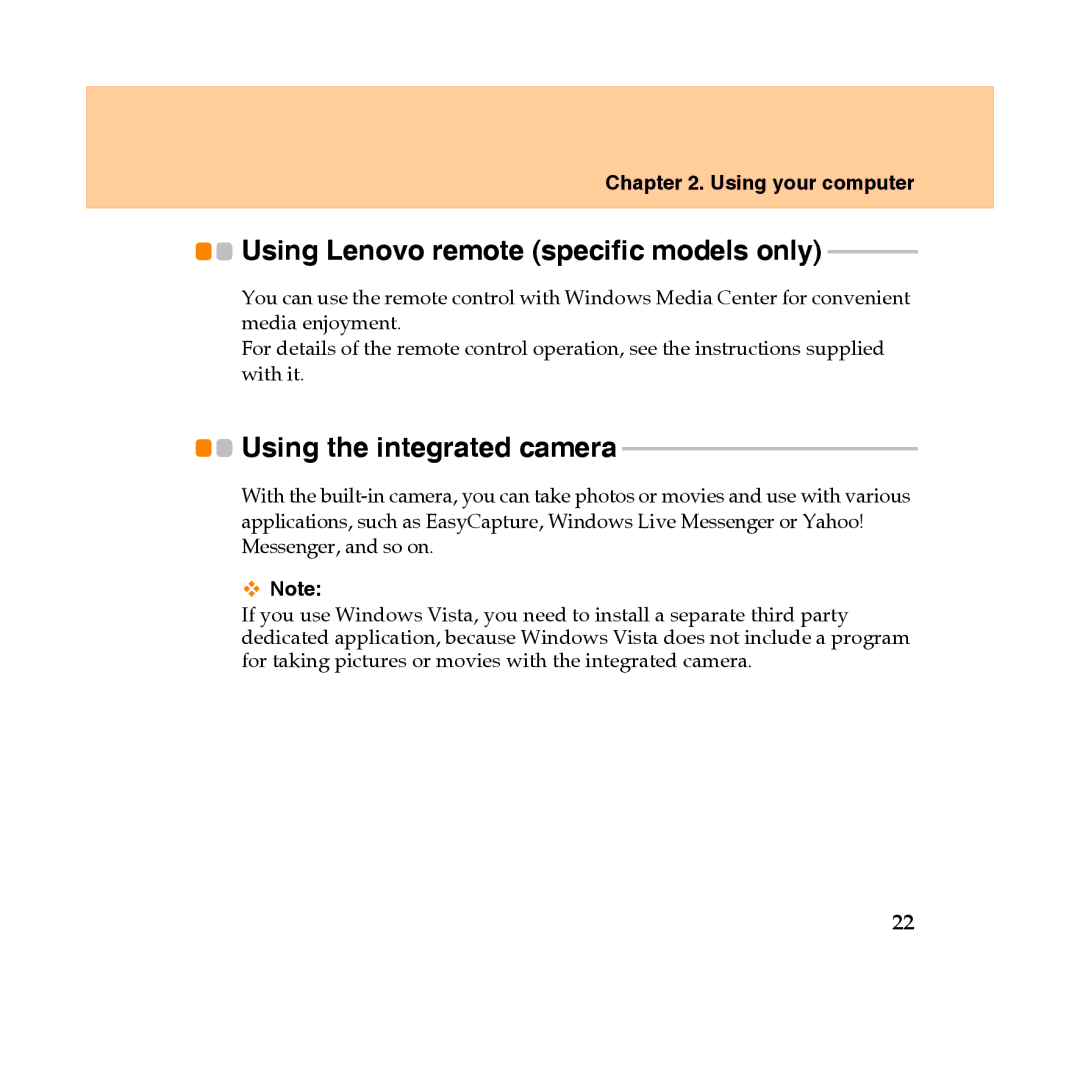 Lenovo Y450 manual Using Lenovo remote specific models only, Using the integrated camera 