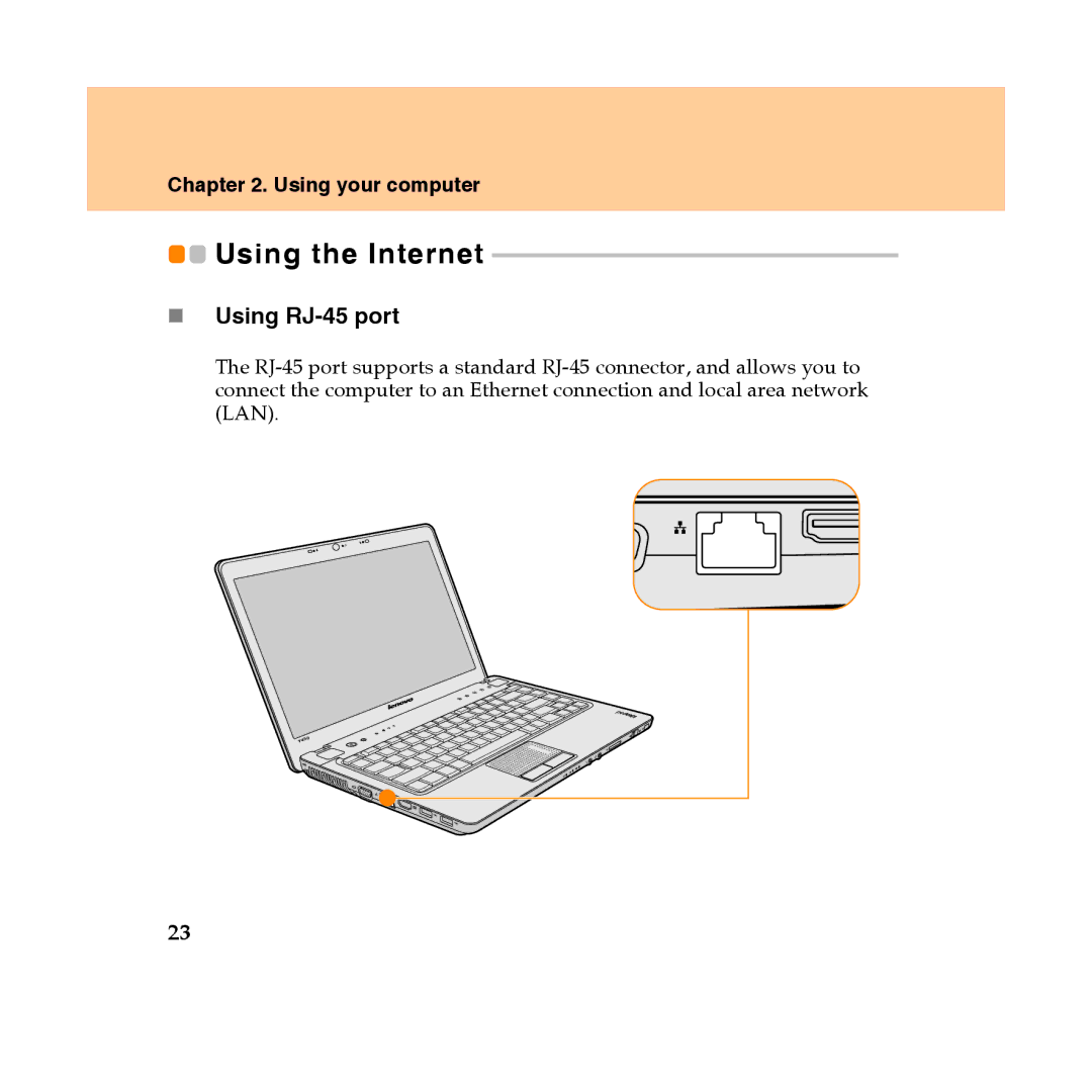 Lenovo Y450 manual Using the Internet, „ Using RJ-45 port 