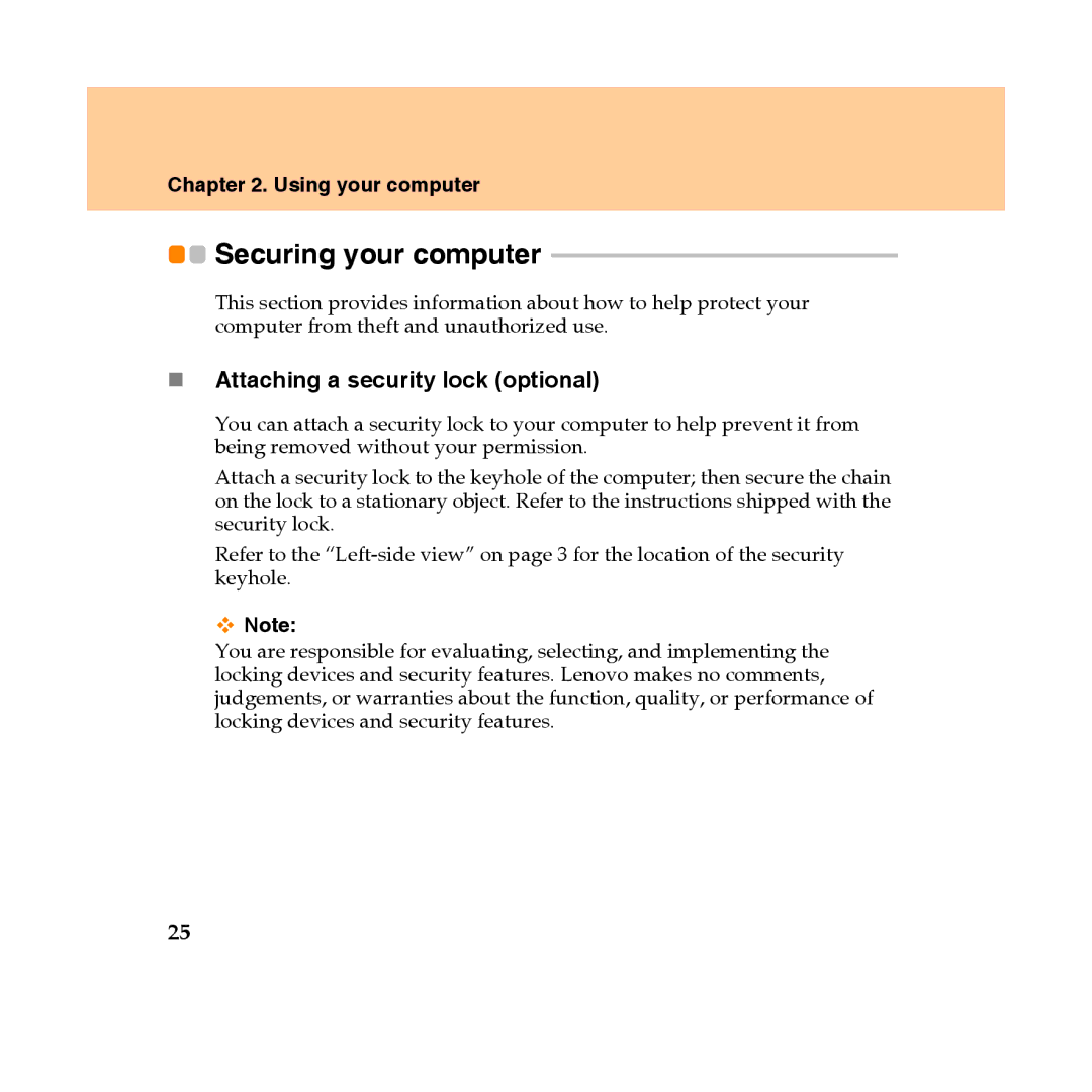 Lenovo Y450 manual Securing your computer, „ Attaching a security lock optional 