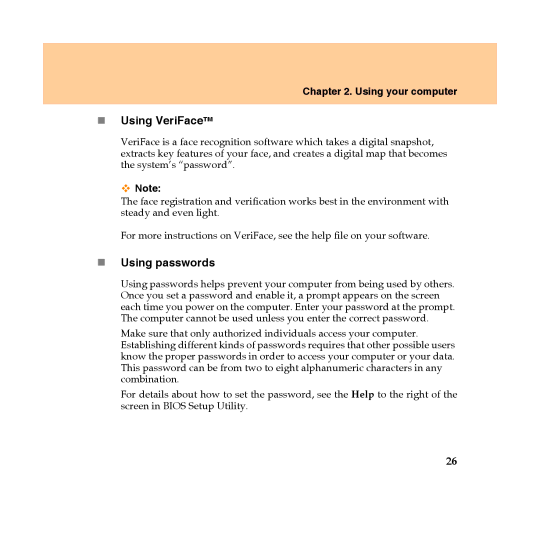 Lenovo Y450 manual „ Using VeriFace, „ Using passwords 