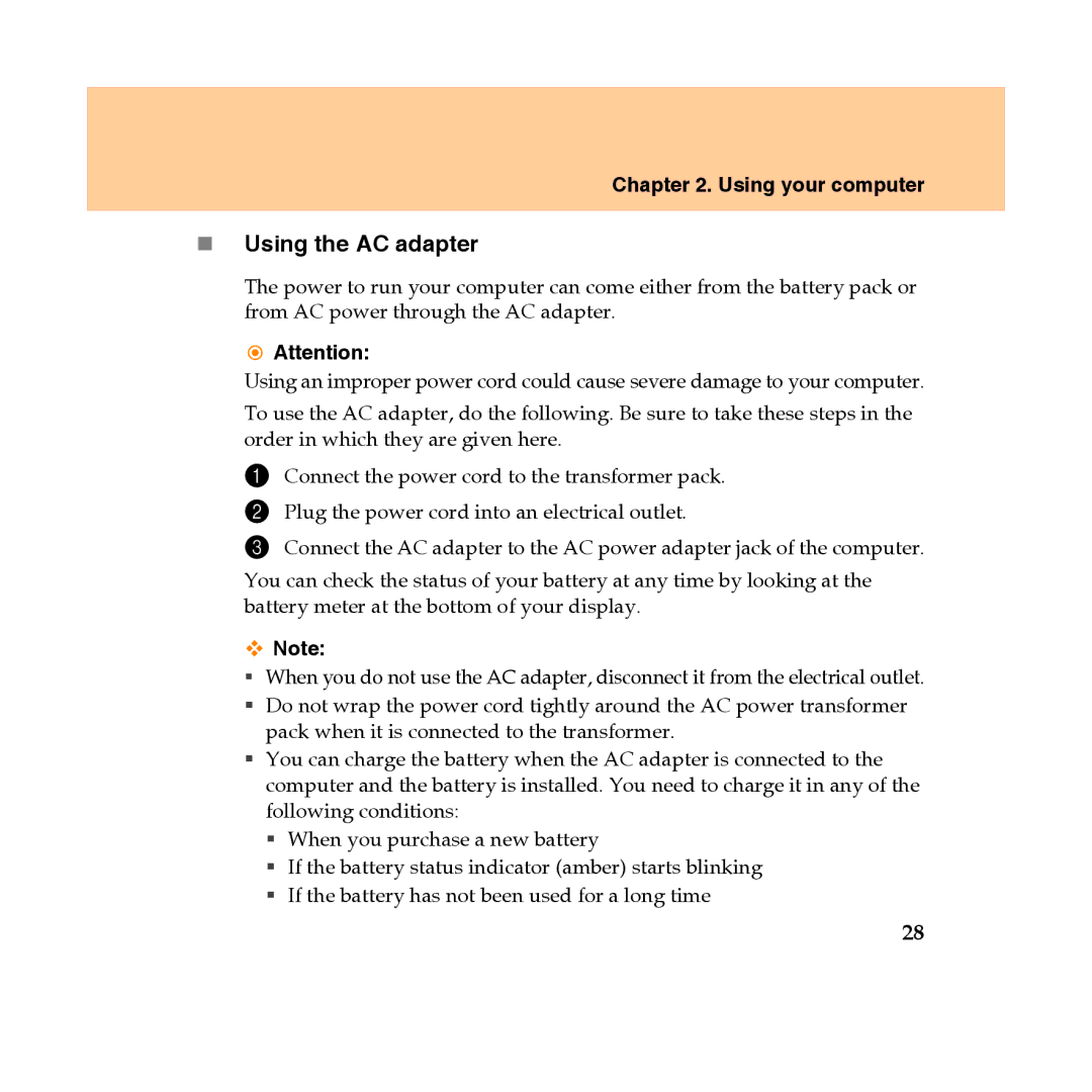 Lenovo Y450 manual „ Using the AC adapter 