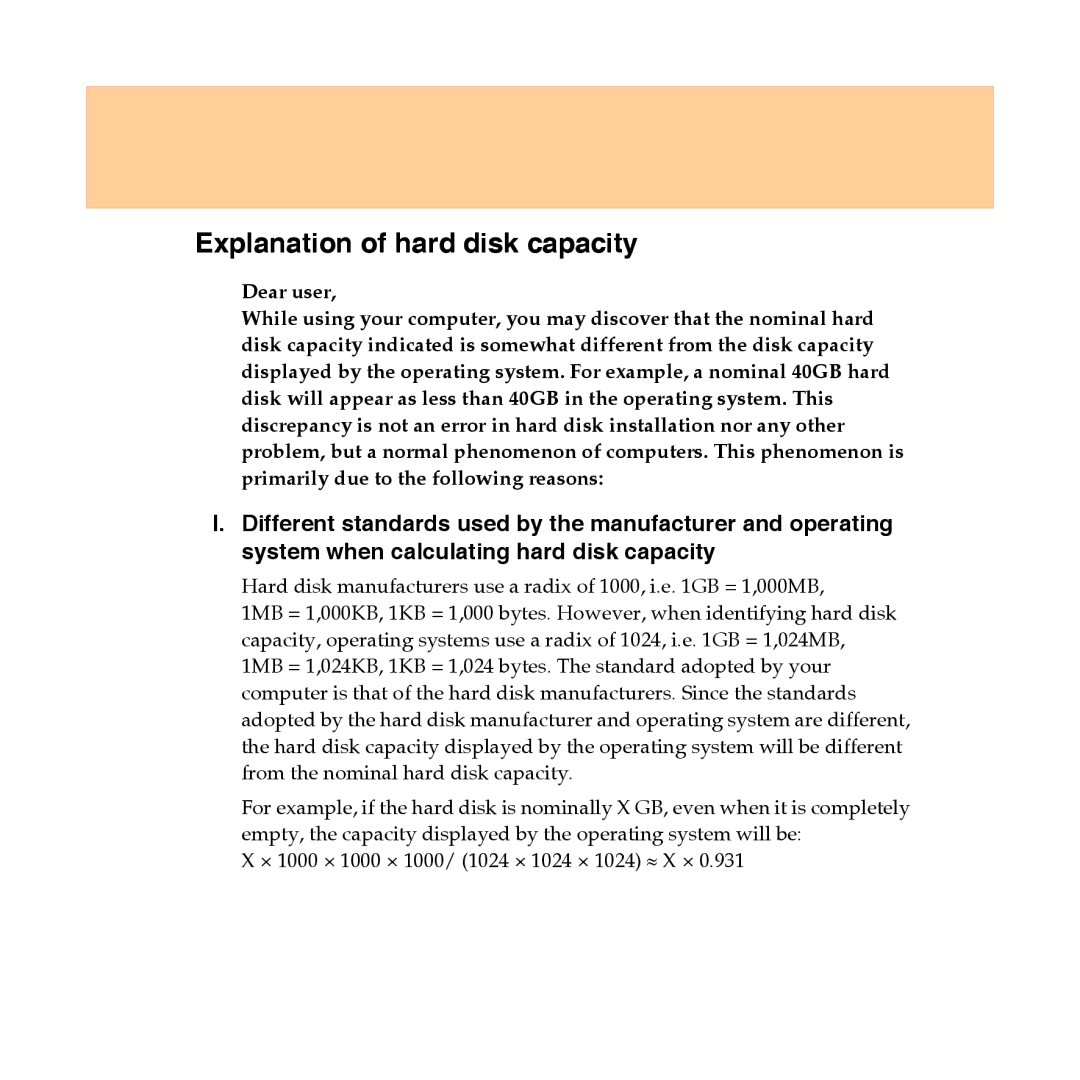 Lenovo Y450 manual Explanation of hard disk capacity 