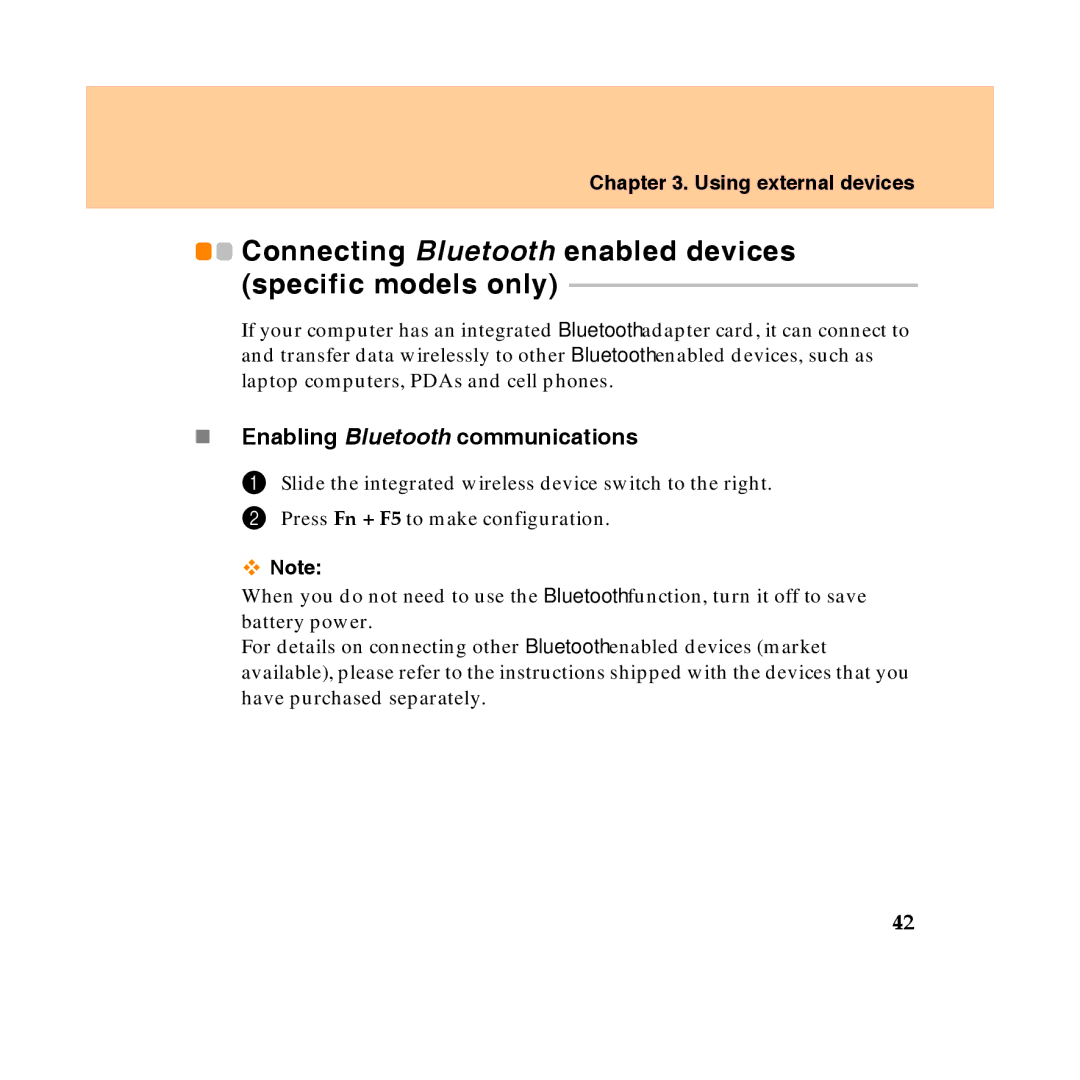Lenovo Y450 manual Connecting Bluetooth enabled devices specific models only, „ Enabling Bluetooth communications 