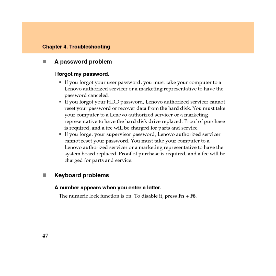 Lenovo Y450 manual „ a password problem, „ Keyboard problems, Forgot my password, Number appears when you enter a letter 