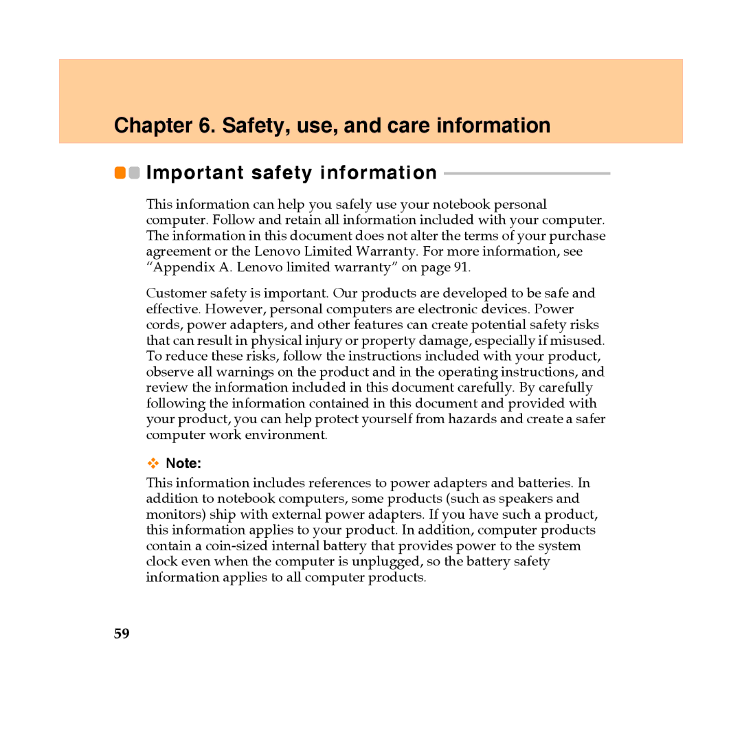 Lenovo Y450 manual Safety, use, and care information, Important safety information 