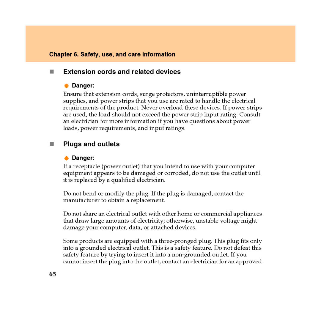 Lenovo Y450 manual „ Extension cords and related devices, „ Plugs and outlets 