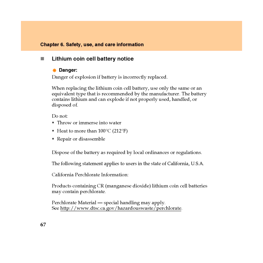 Lenovo Y450 manual „ Lithium coin cell battery notice 