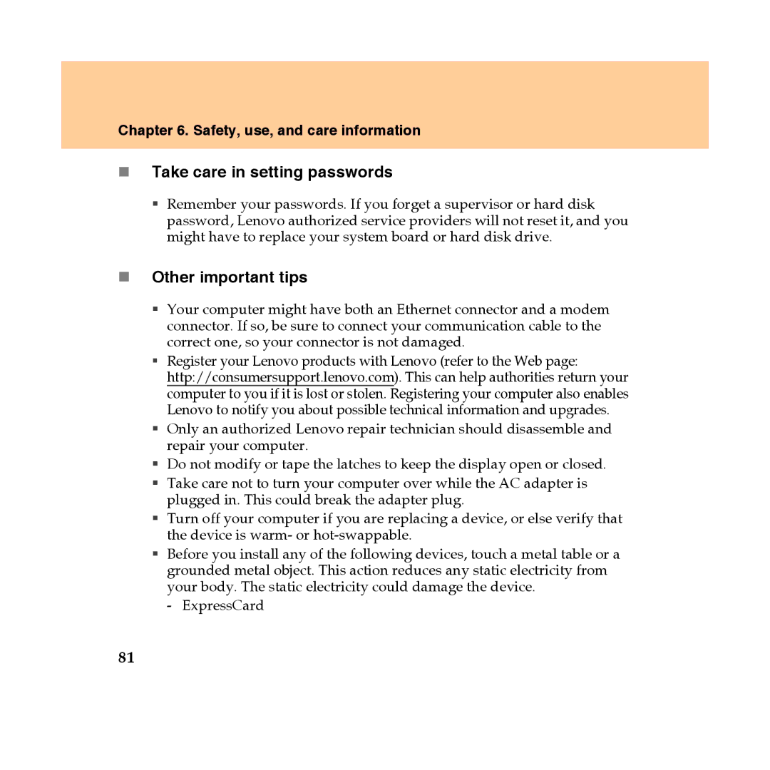 Lenovo Y450 manual „ Take care in setting passwords, „ Other important tips 