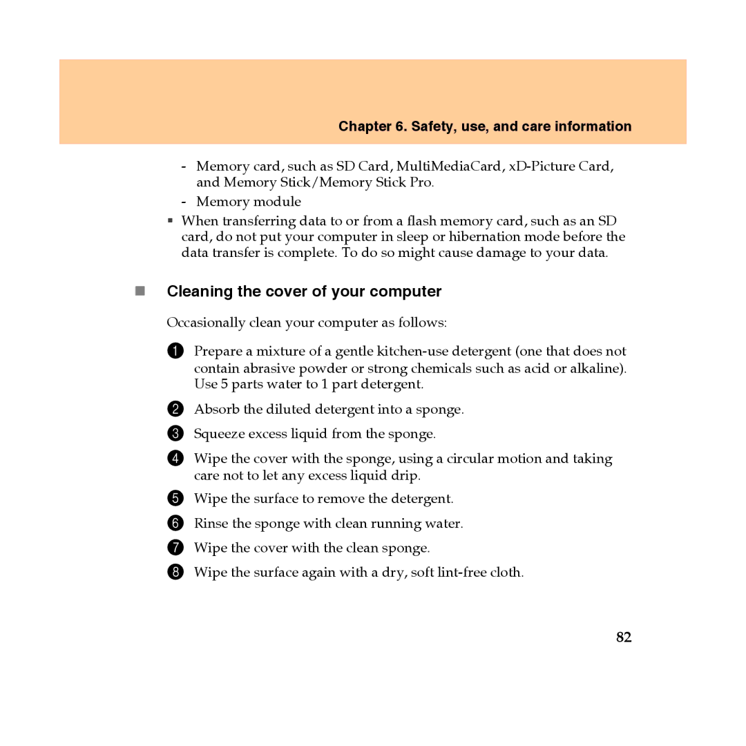 Lenovo Y450 manual „ Cleaning the cover of your computer 