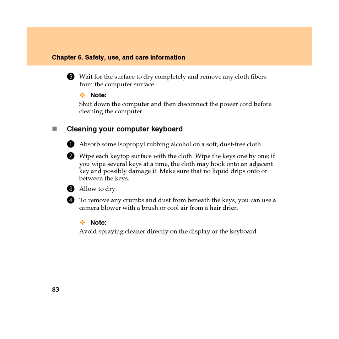 Lenovo Y450 manual „ Cleaning your computer keyboard 