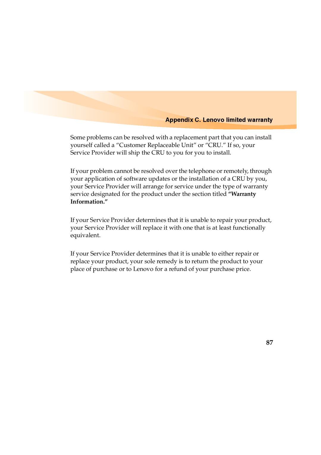 Lenovo Y460 manual Appendix C. Lenovo limited warranty, Information.” 