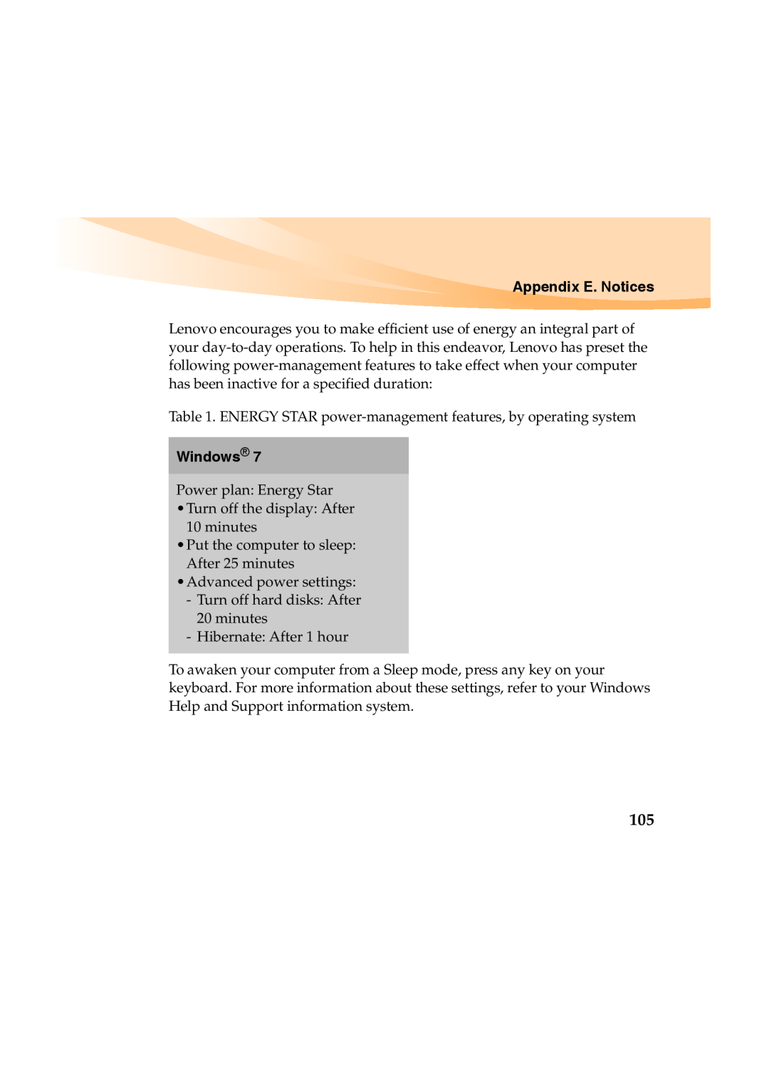 Lenovo Y460 manual Appendix E. Notices, ENERGY STAR power-management features, by operating system, Windows 