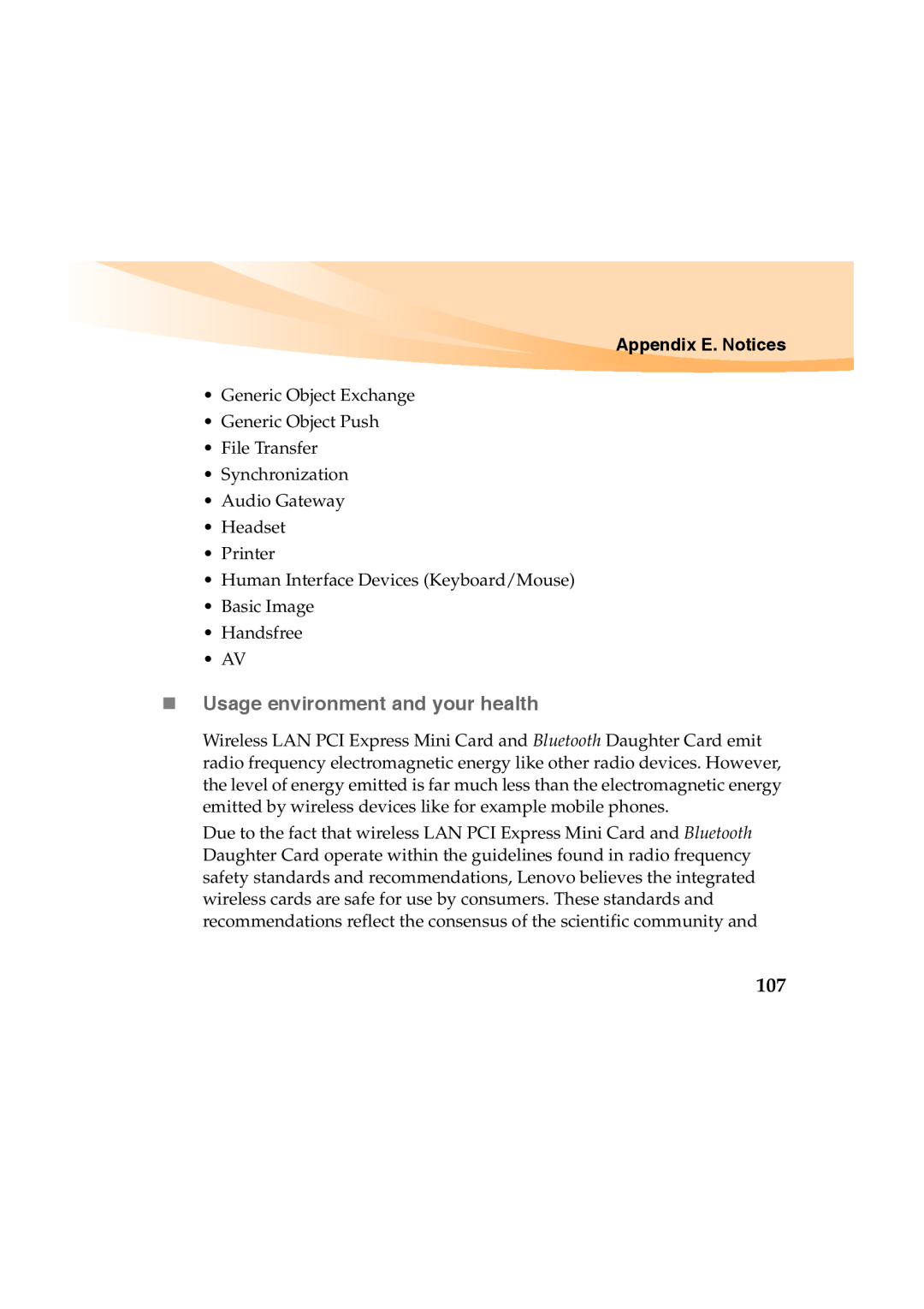 Lenovo Y460 manual „ Usage environment and your health, Appendix E. Notices 