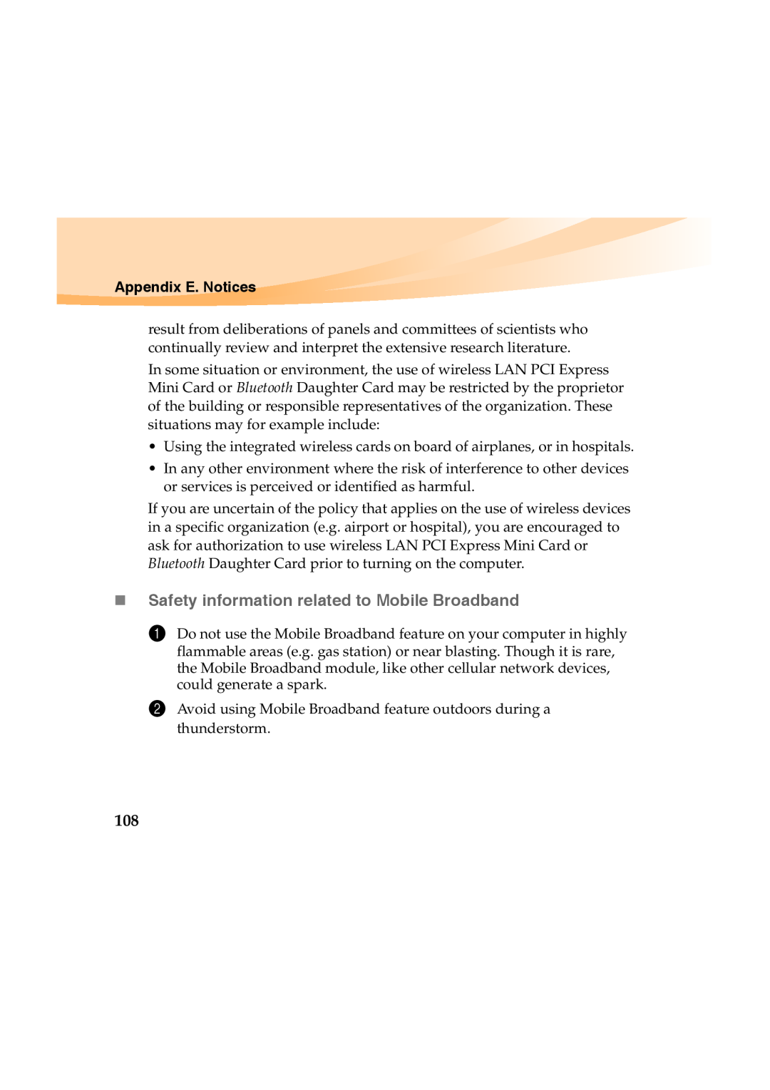 Lenovo Y460 manual „ Safety information related to Mobile Broadband, Appendix E. Notices 