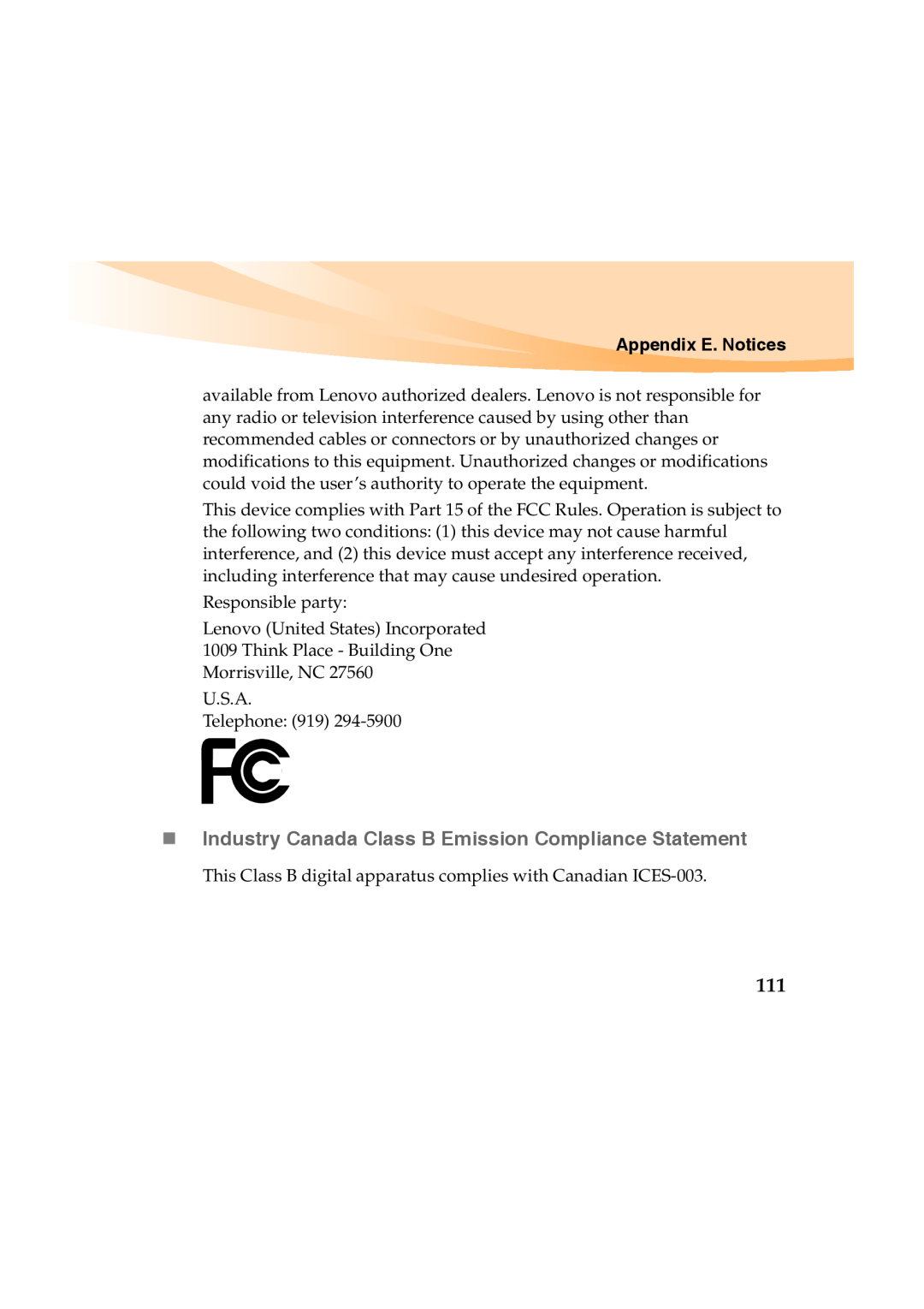 Lenovo Y460 manual „ Industry Canada Class B Emission Compliance Statement, Appendix E. Notices 