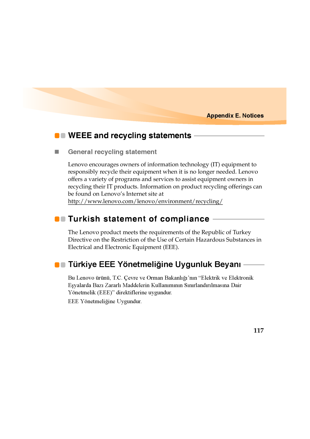 Lenovo Y460 Turkish statement of compliance, Türkiye EEE Yönetmeliğine Uygunluk Beyanı, WEEE and recycling statements 