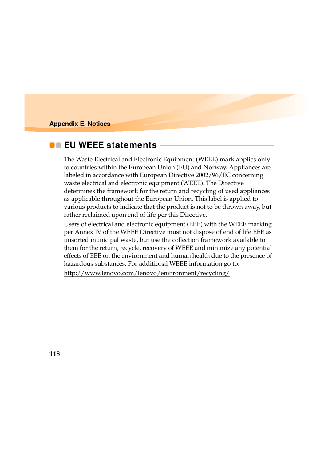 Lenovo Y460 manual EU WEEE statements, Appendix E. Notices 