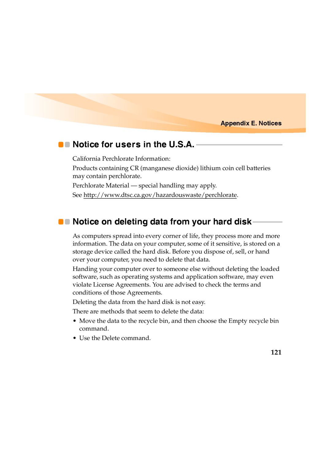 Lenovo Y460 manual Notice on deleting data from your hard disk, Notice for users in the U.S.A, Appendix E. Notices 
