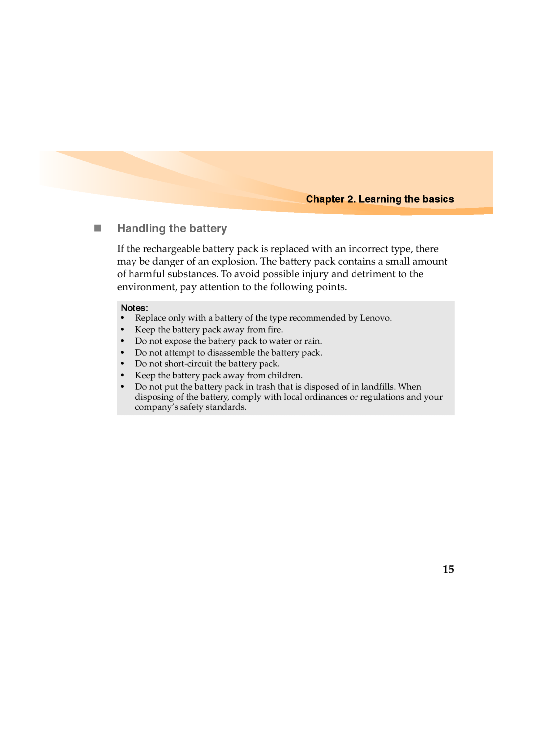 Lenovo Y460 manual „ Handling the battery, Learning the basics 