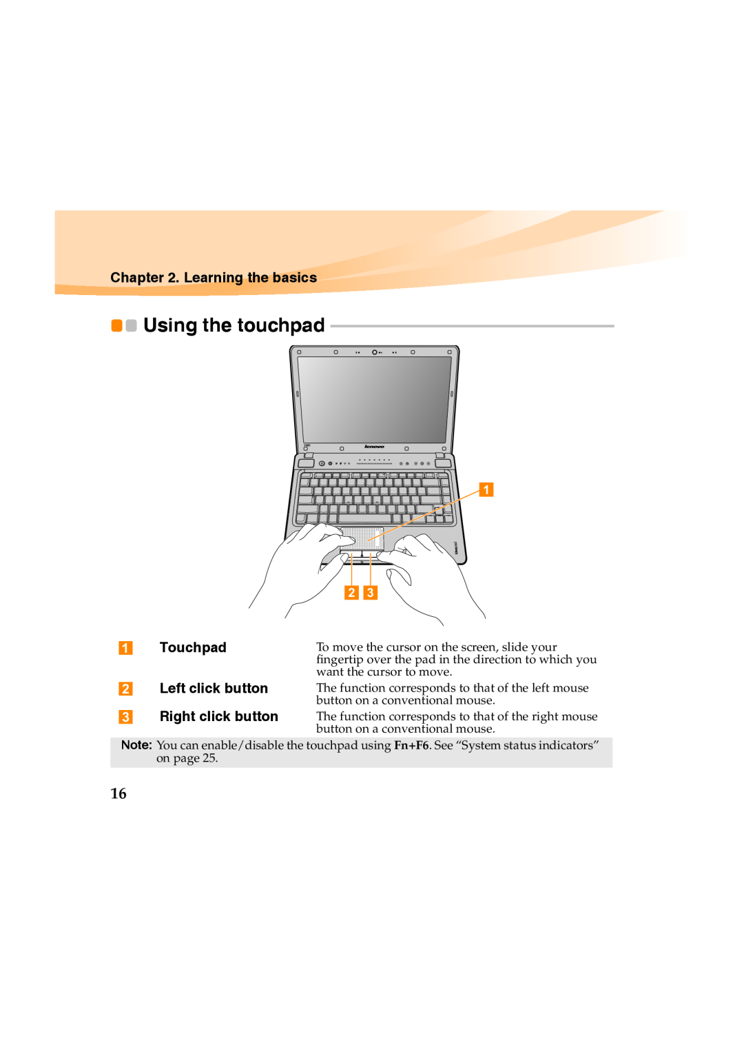 Lenovo Y460 manual Using the touchpad, Learning the basics, Touchpad, Left click button Right click button 