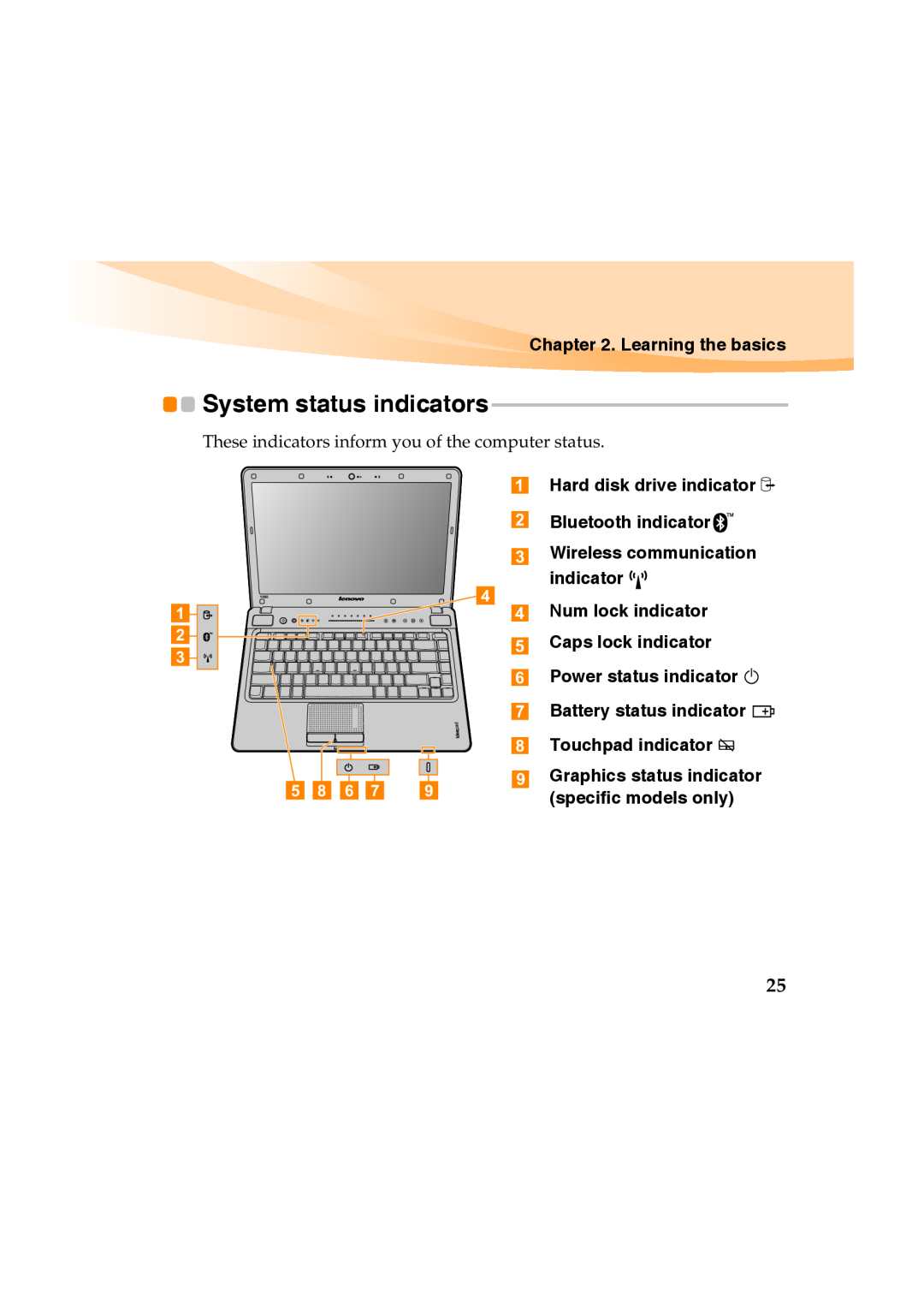 Lenovo Y460 manual System status indicators, Learning the basics, Hard disk drive indicator Bluetooth indicator 