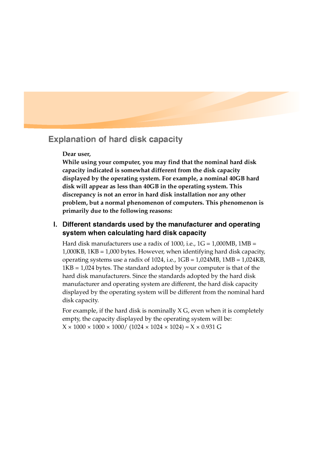 Lenovo Y460 manual Explanation of hard disk capacity 