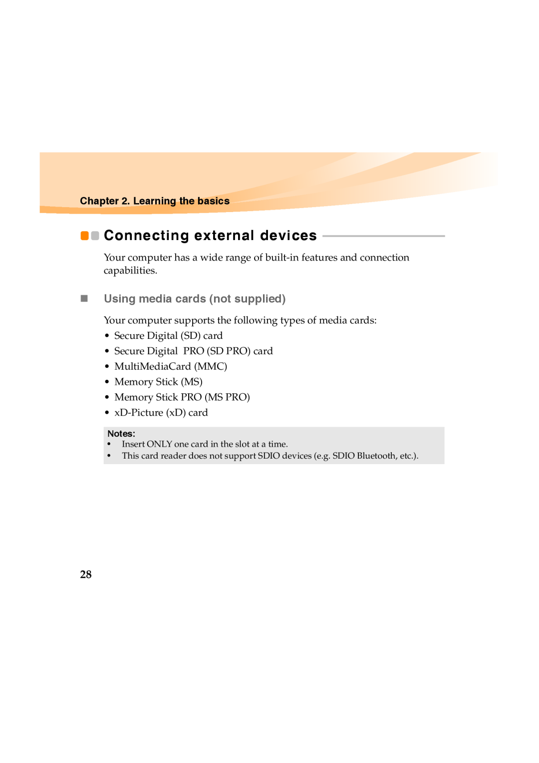 Lenovo Y460 manual Connecting external devices, „ Using media cards not supplied, Learning the basics 