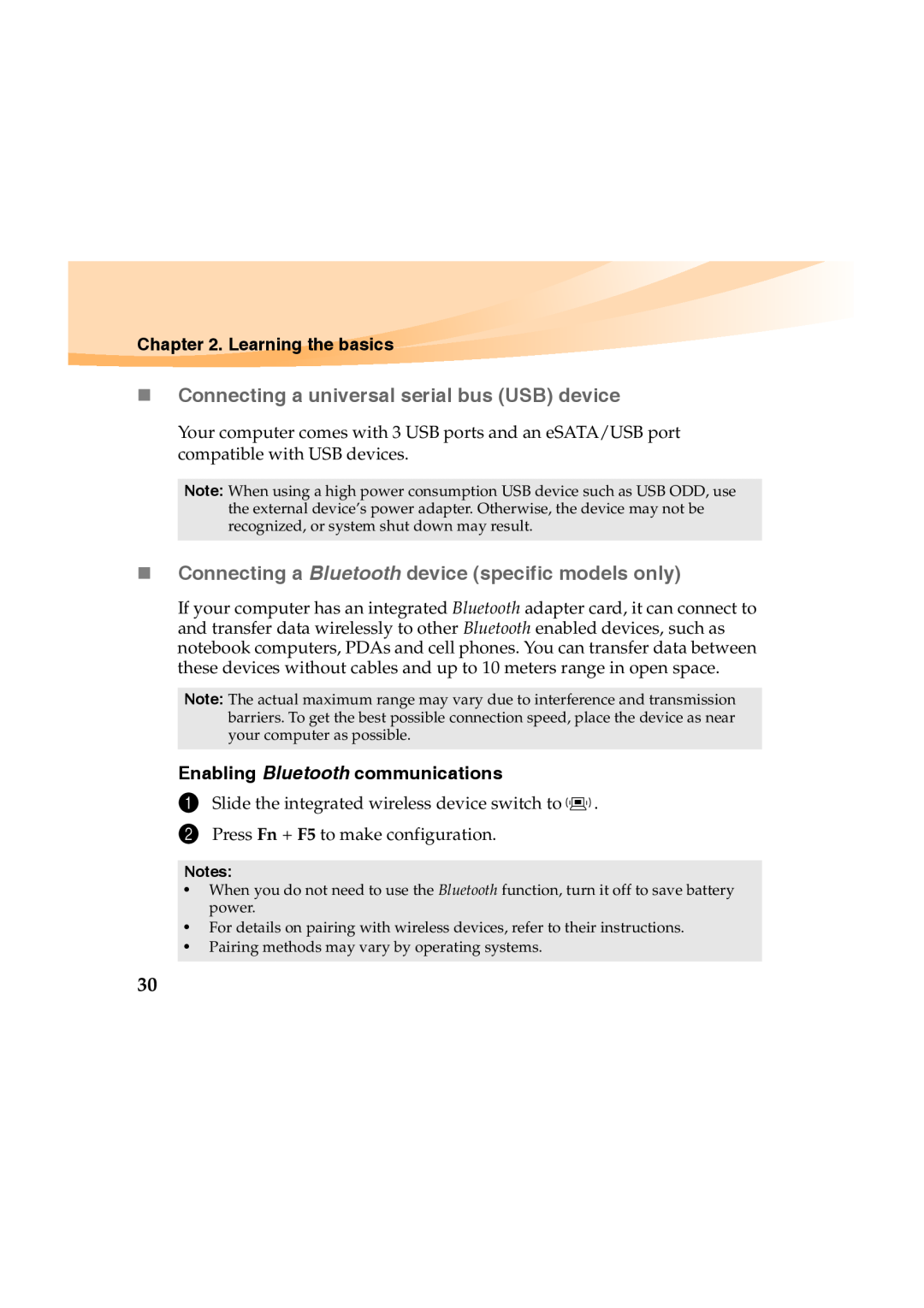 Lenovo Y460 manual „ Connecting a universal serial bus USB device, „ Connecting a Bluetooth device specific models only 
