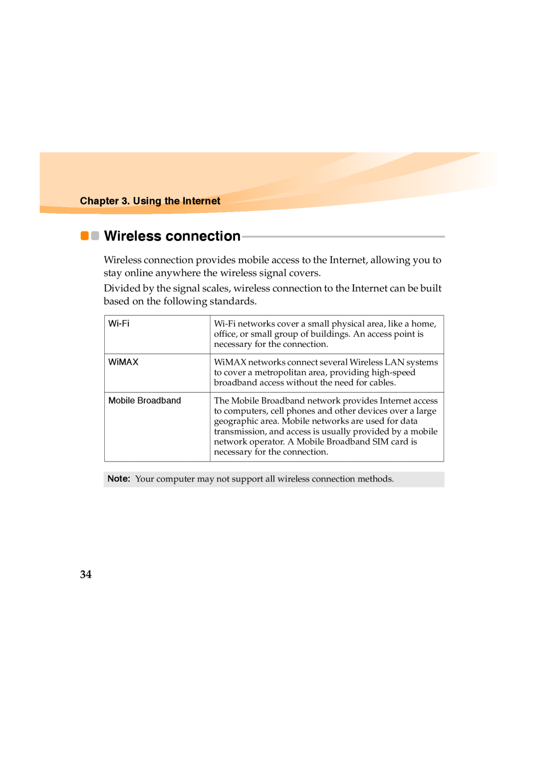 Lenovo Y460 manual Wireless connection, Using the Internet, Wi-Fi, WiMAX, Mobile Broadband 