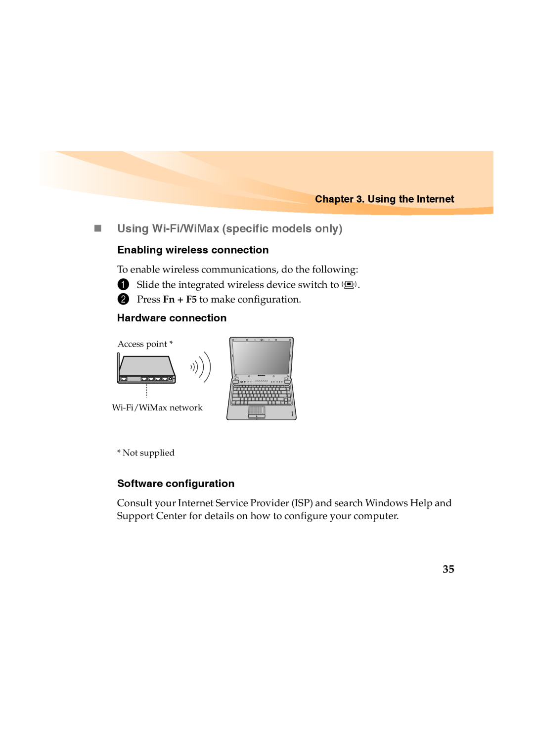 Lenovo Y460 manual „ Using Wi-Fi/WiMax specific models only, Using the Internet, Enabling wireless connection 