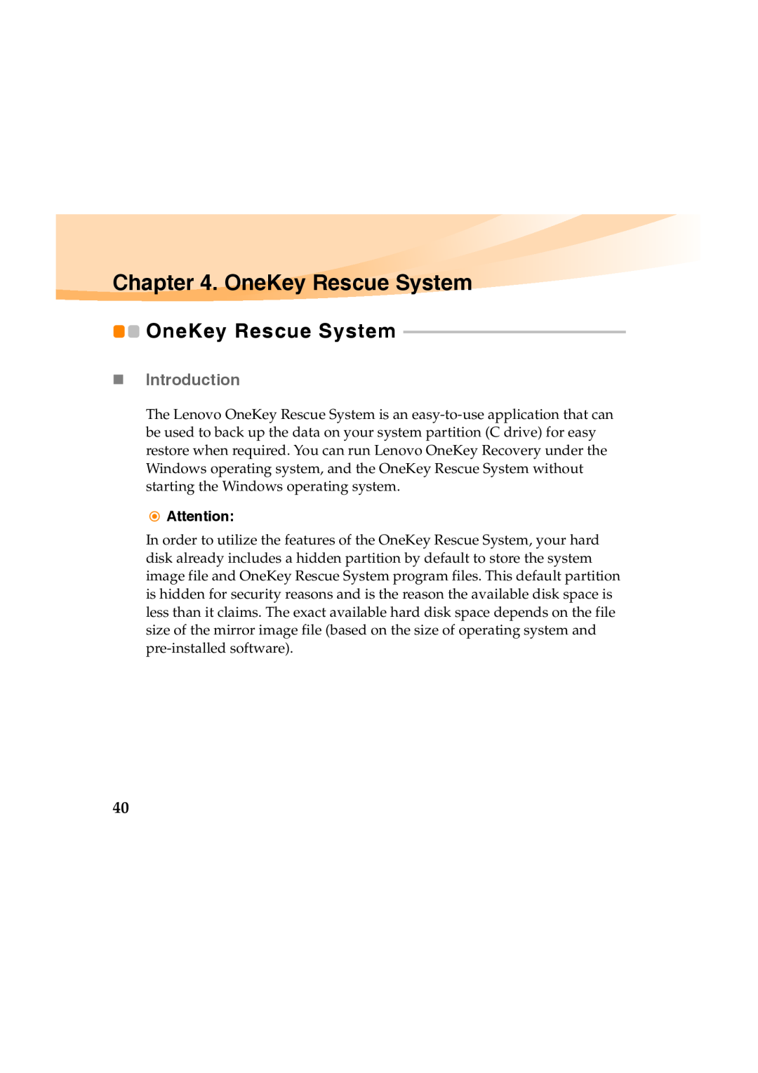 Lenovo Y460 manual OneKey Rescue System, „ Introduction 