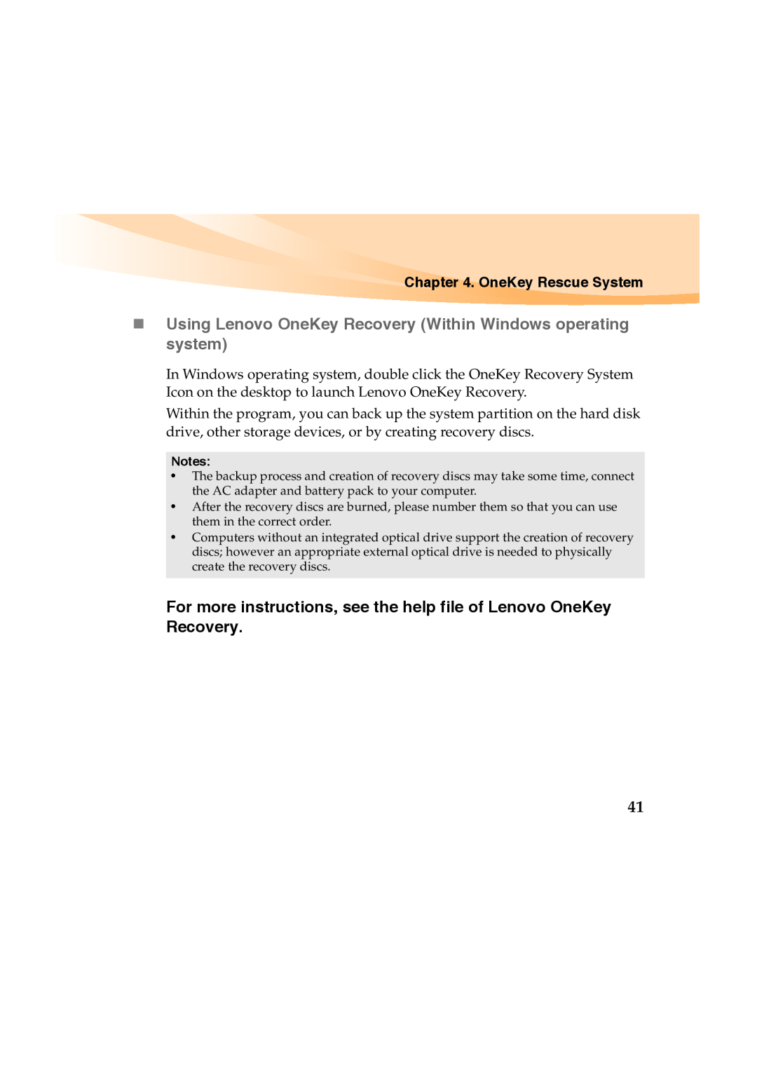 Lenovo Y460 manual „ Using Lenovo OneKey Recovery Within Windows operating system, OneKey Rescue System 