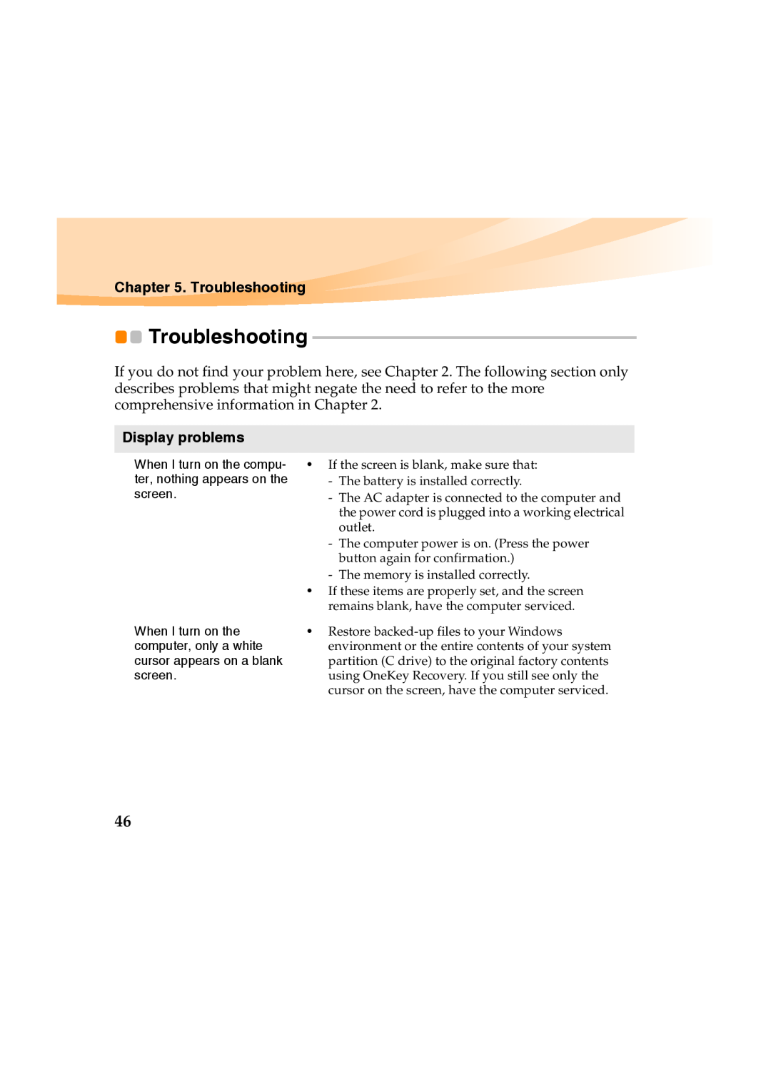 Lenovo Y460 manual Troubleshooting, Display problems 