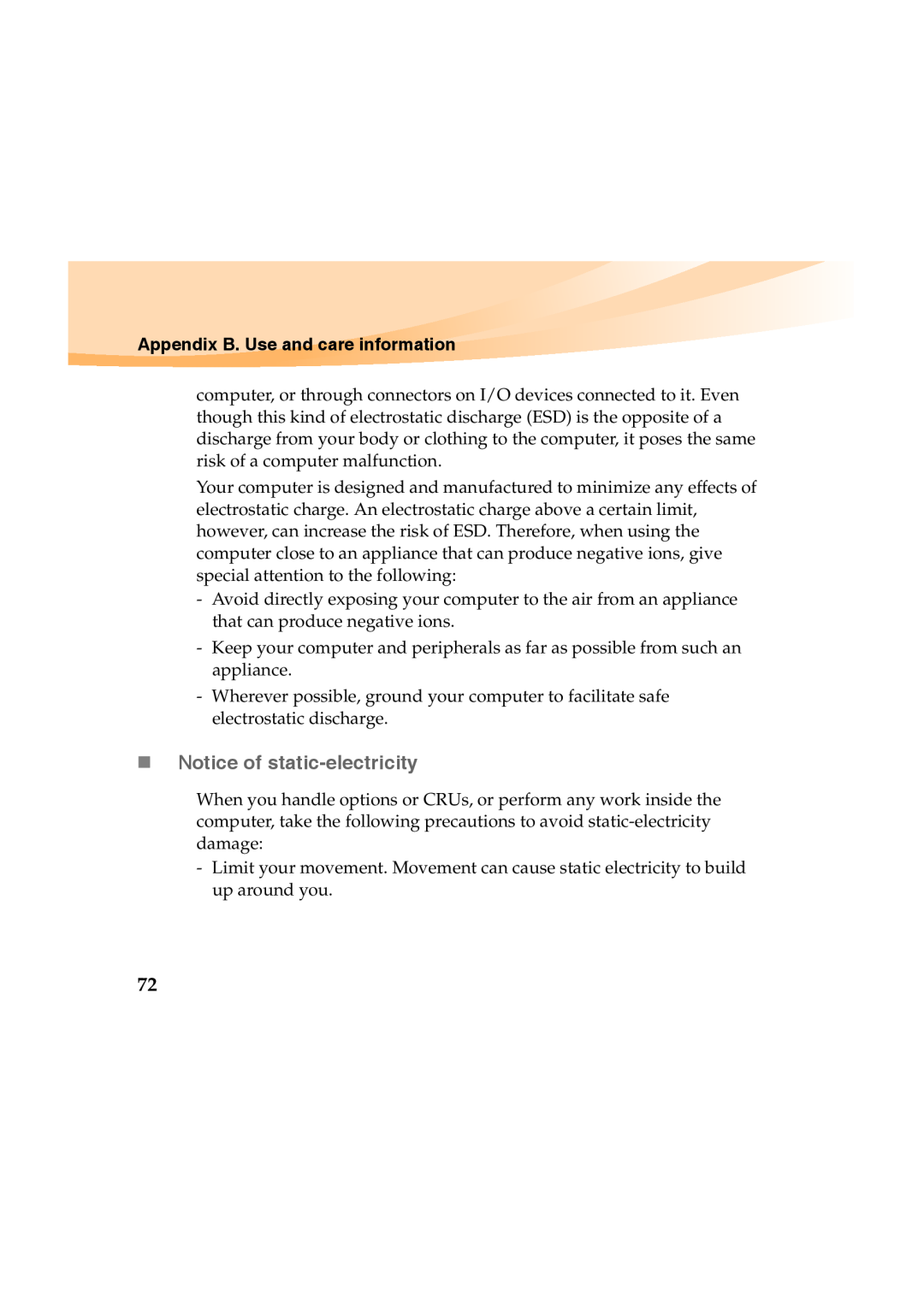 Lenovo Y460 manual „ Notice of static-electricity, Appendix B. Use and care information 