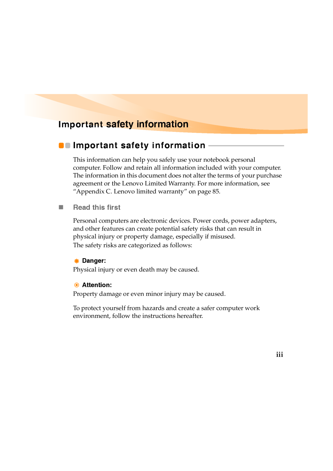 Lenovo Y460 manual Important safety information, „ Read this first, Danger 
