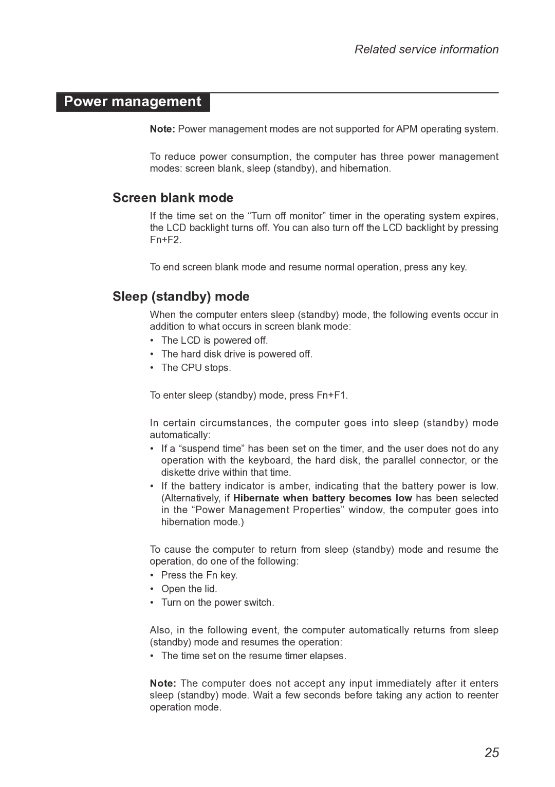 Lenovo Y460 manual Power management, Screen blank mode, Sleep standby mode 