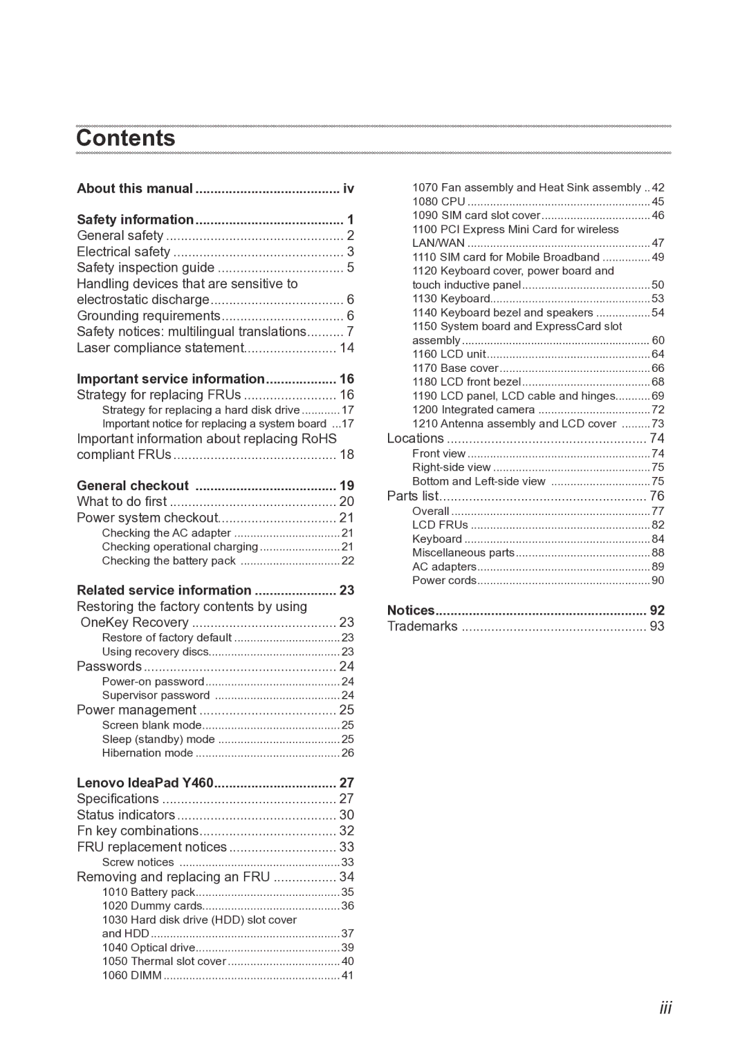 Lenovo Y460 manual Contents 