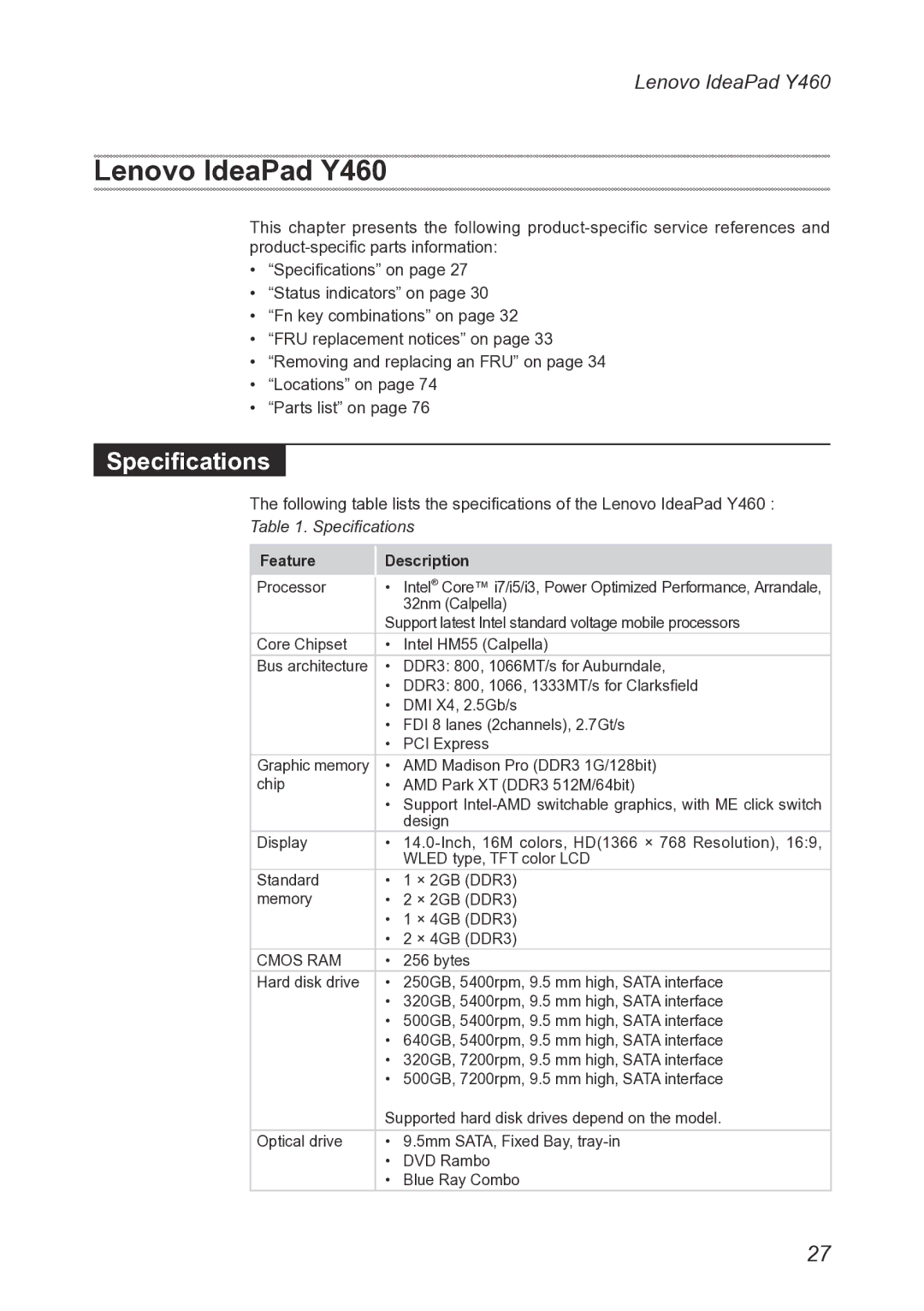 Lenovo Y460 manual Specifications 