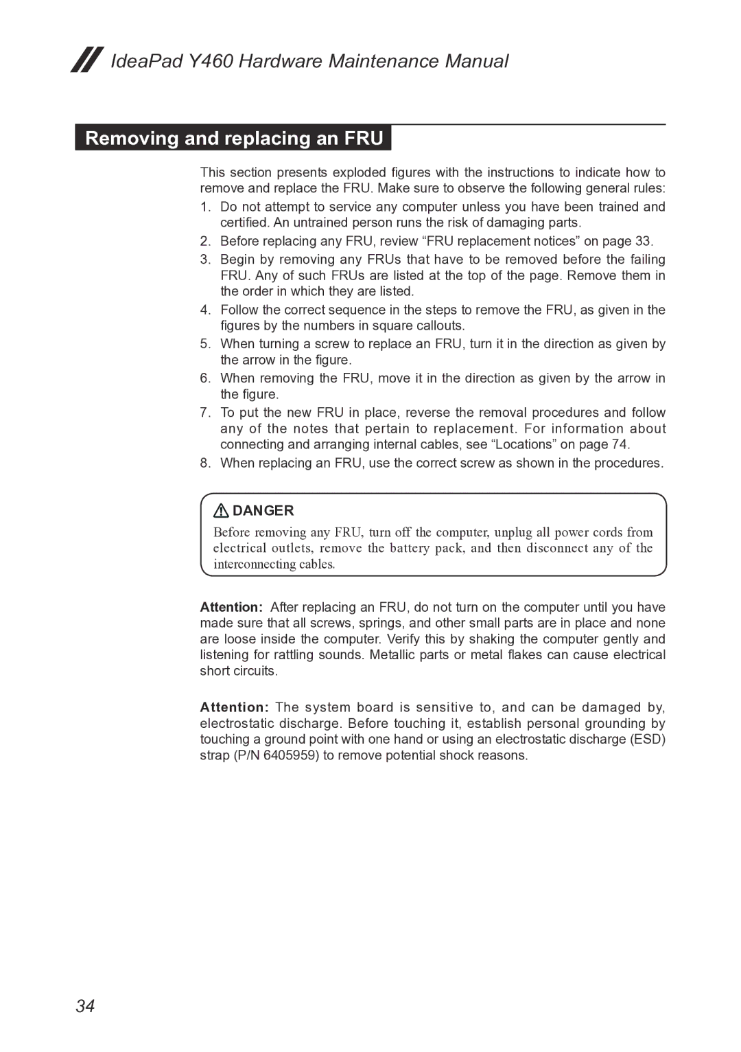 Lenovo Y460 manual Removing and replacing an FRU 