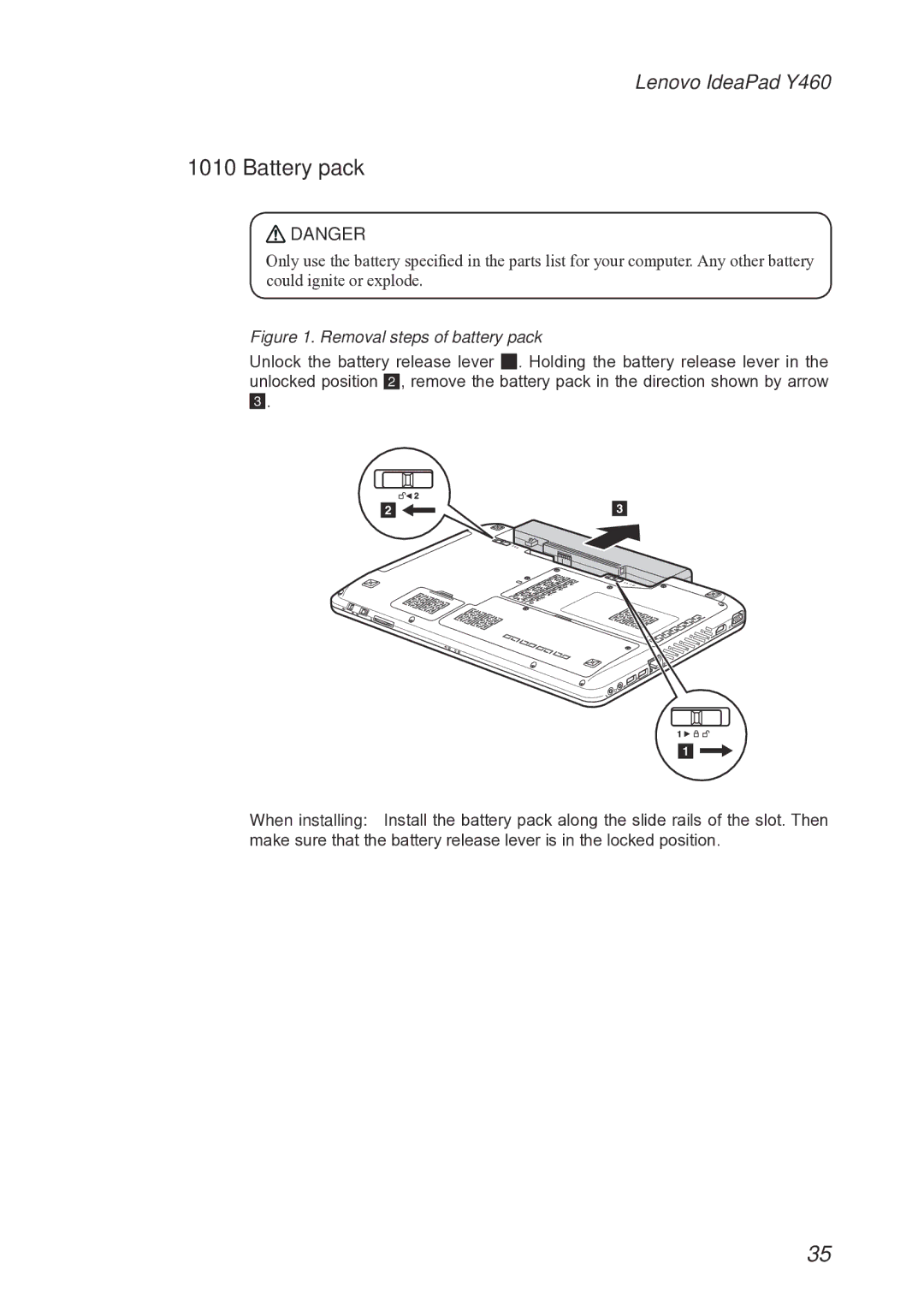 Lenovo Y460 manual Battery pack, Removal steps of battery pack 