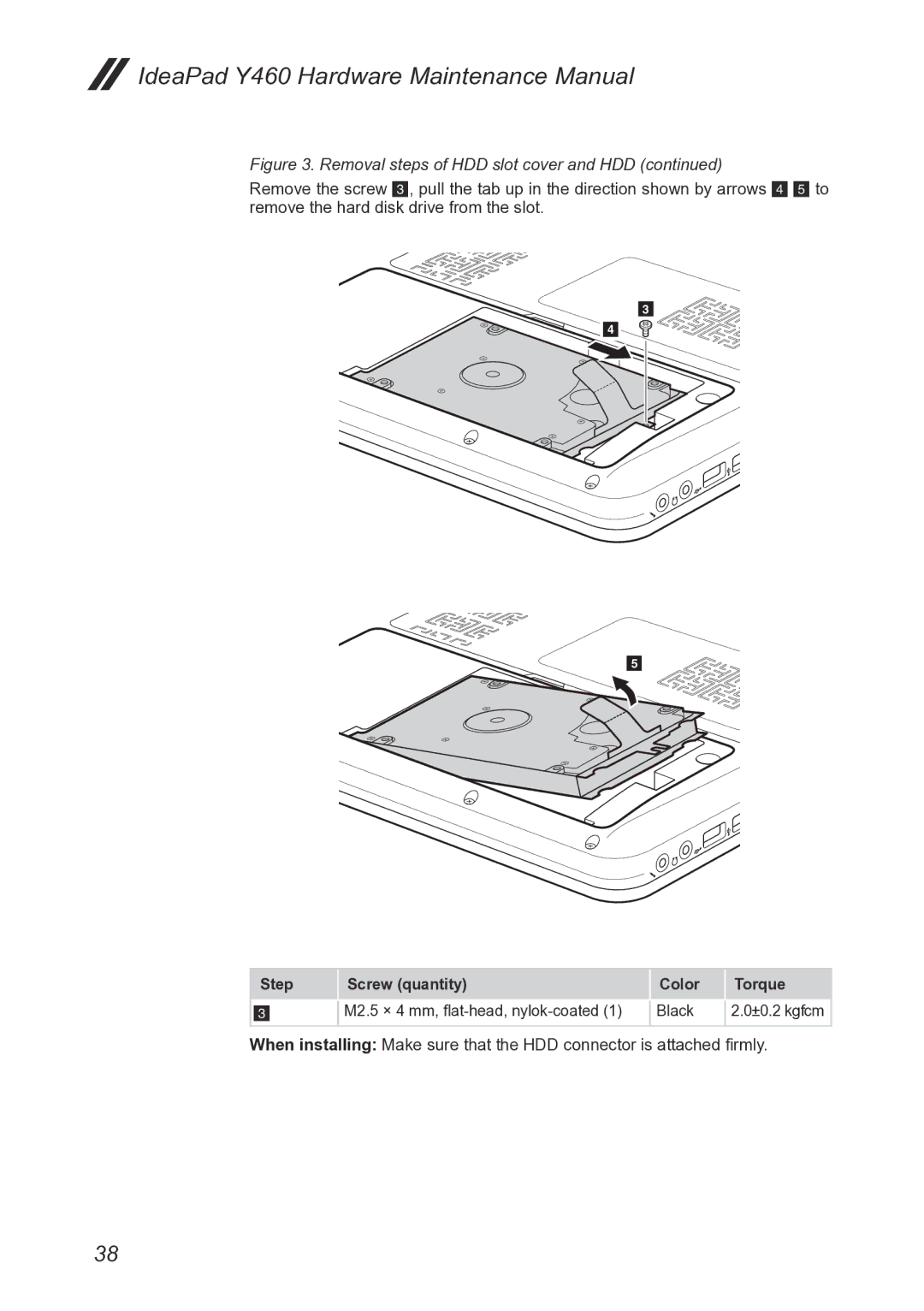 Lenovo Y460 manual Step Screw quantity Color Torque 