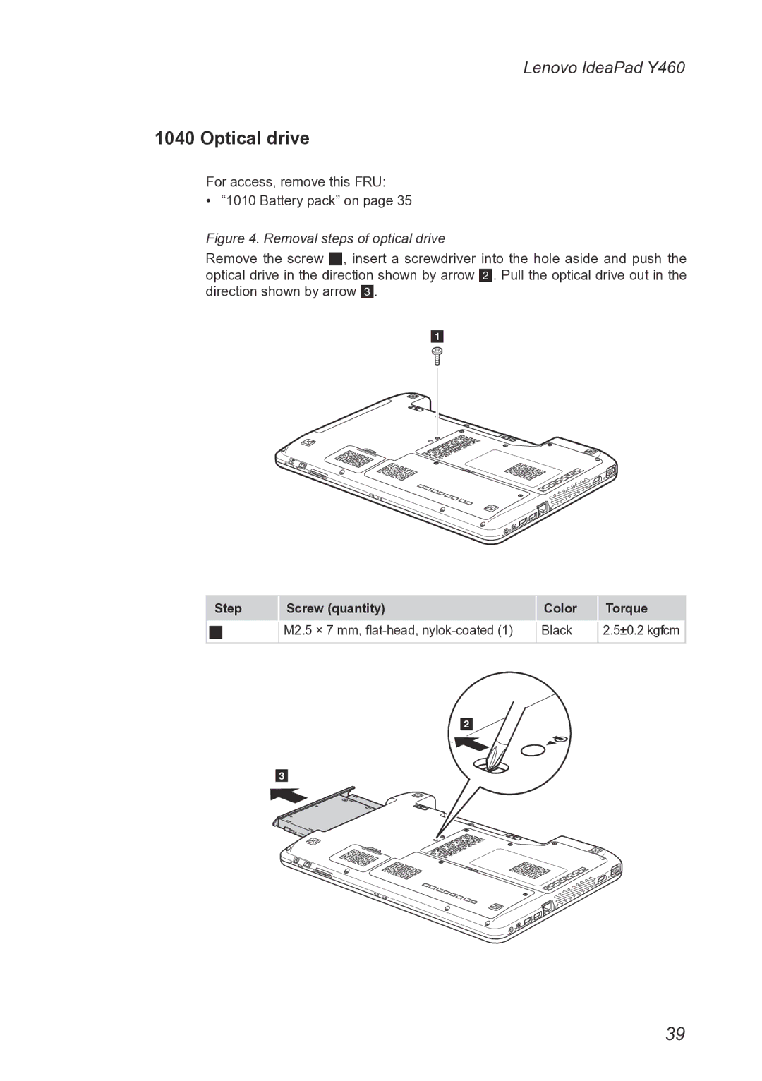 Lenovo Y460 manual Optical drive, Removal steps of optical drive 