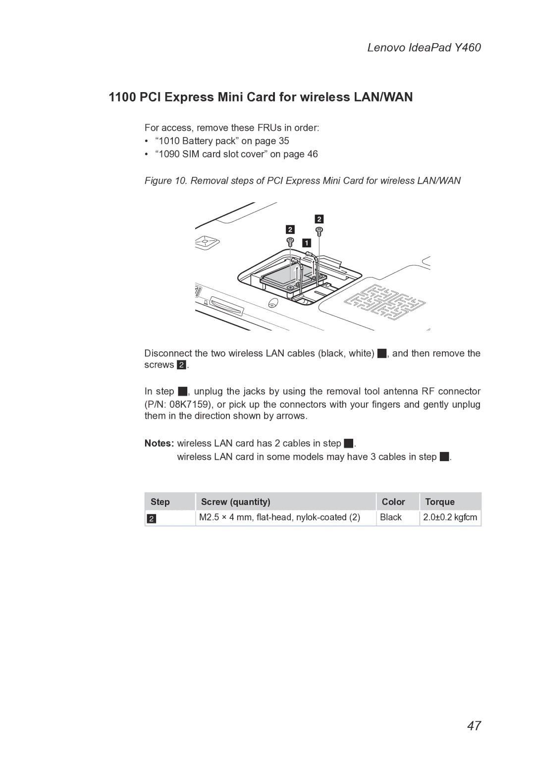 Lenovo Y460 manual Removal steps of PCI Express Mini Card for wireless LAN/WAN 