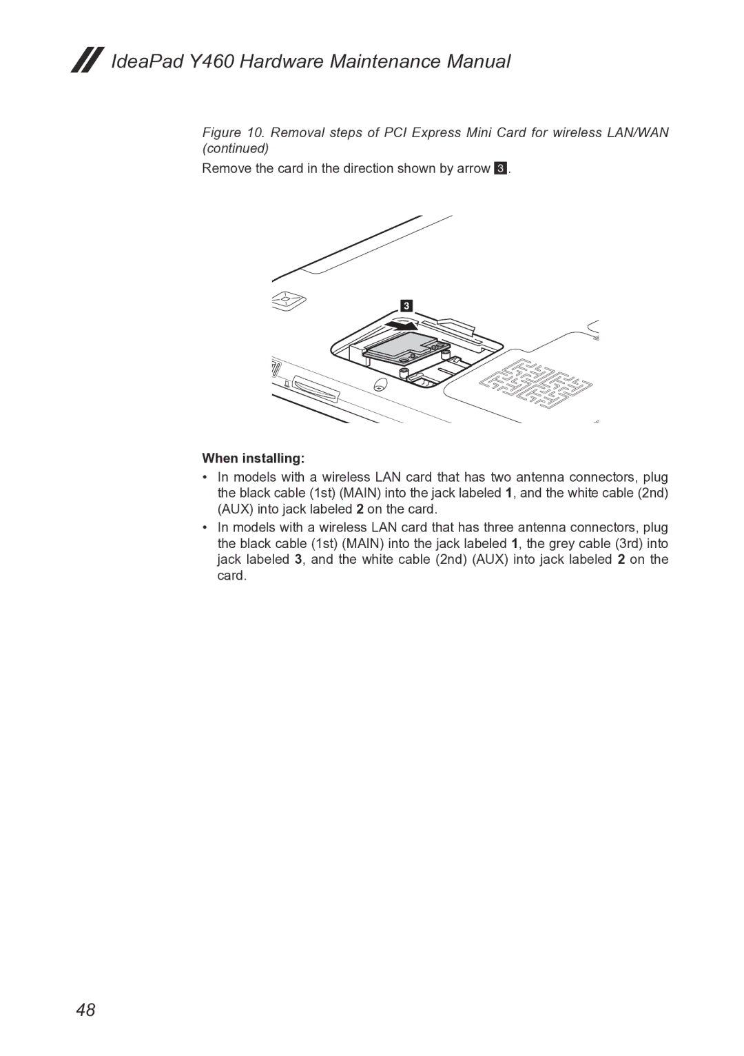 Lenovo Y460 manual Remove the card in the direction shown by arrow 