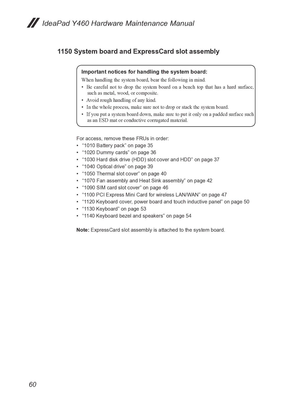 Lenovo Y460 manual System board and ExpressCard slot assembly, Important notices for handling the system board 